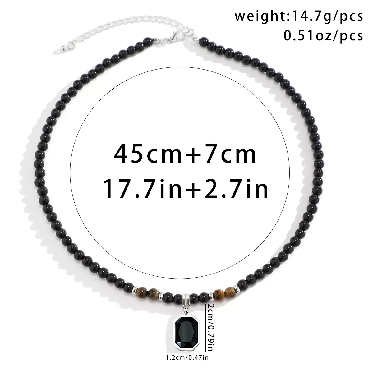 Hip Hop Stone Beaded Chains with Black Square Pendant Necklace for Men Trendy Street Stainless Steel Accessories Fashion Jewelry