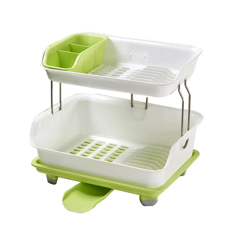 OWNSWING Adjustable Kitchen Drain Shelf Plastic Cutlery Storage Box Drainer with Tray 2-Tier Dish Rack