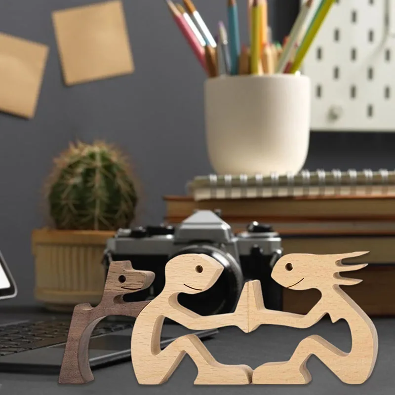 Family Puppy Wood Dog Craft Figurine Desktop Table Ornament Carving Model Creative Home Office Decoration Love Pet Sculpture