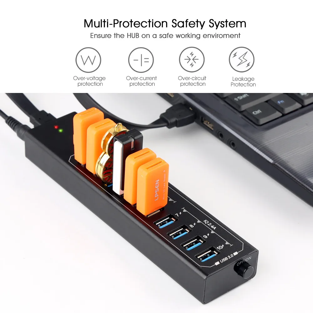 Powered USB 3.0 Hub, 10 Ports USB Hub Splitter