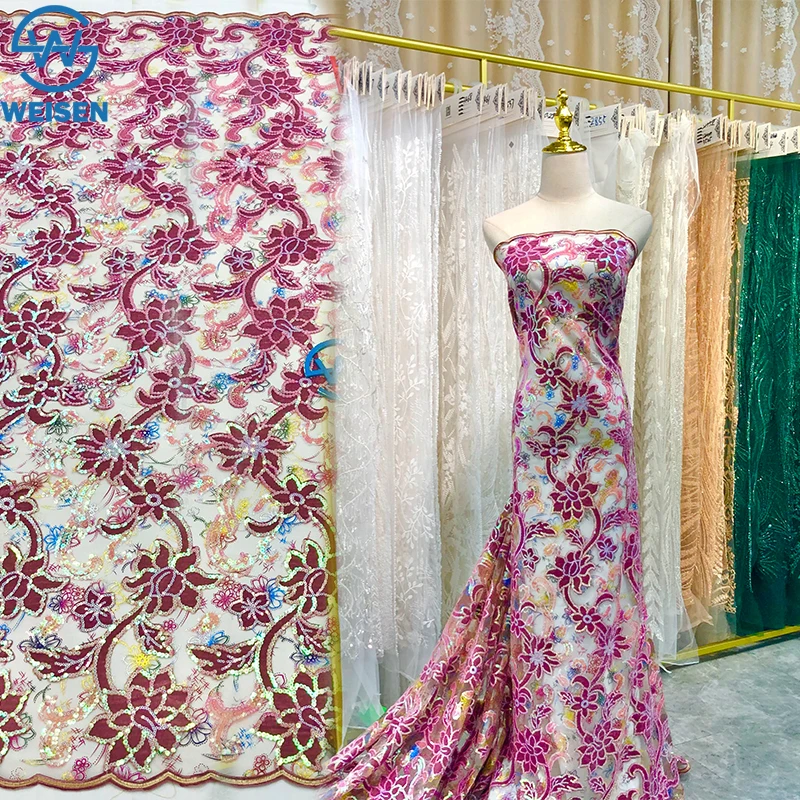 WS30089 High Feedback Floral Embroidery Sequins Net Lace Fabric Embroidered Sequined 3d Lace Fabric