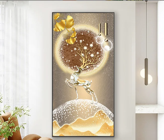 Custom wholesale luxury home Living Room Porch Decor Large Size deer Crystal Porcelain Painting Wall Art Diamond Framed Painting