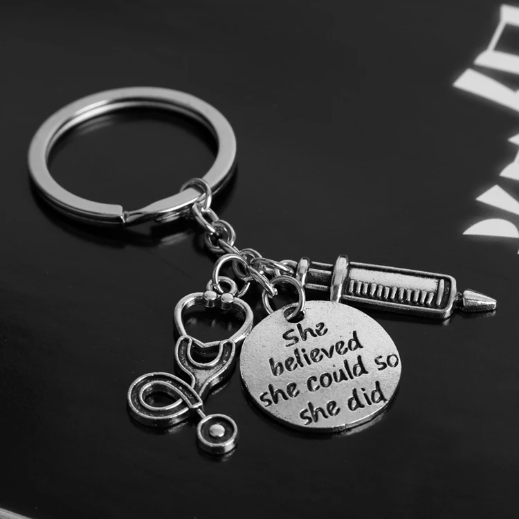 Trendy medical stethoscope keychains letter she believed she could so she did nurse doctor metal key chains for women man gift