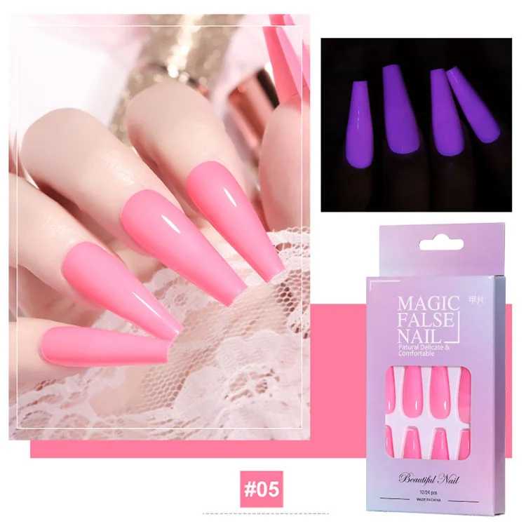 24PCS Noctilucence Neon Lights Luminous Long Ballet Nightclub Party Girls Coffin Fake Nails