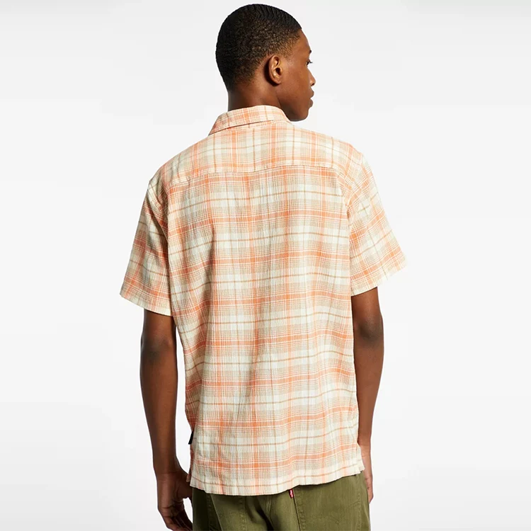 Oem Wholesale Turn-down Collar 100% Cotton Summer Orange Checked Short Sleeves Shirts For Men