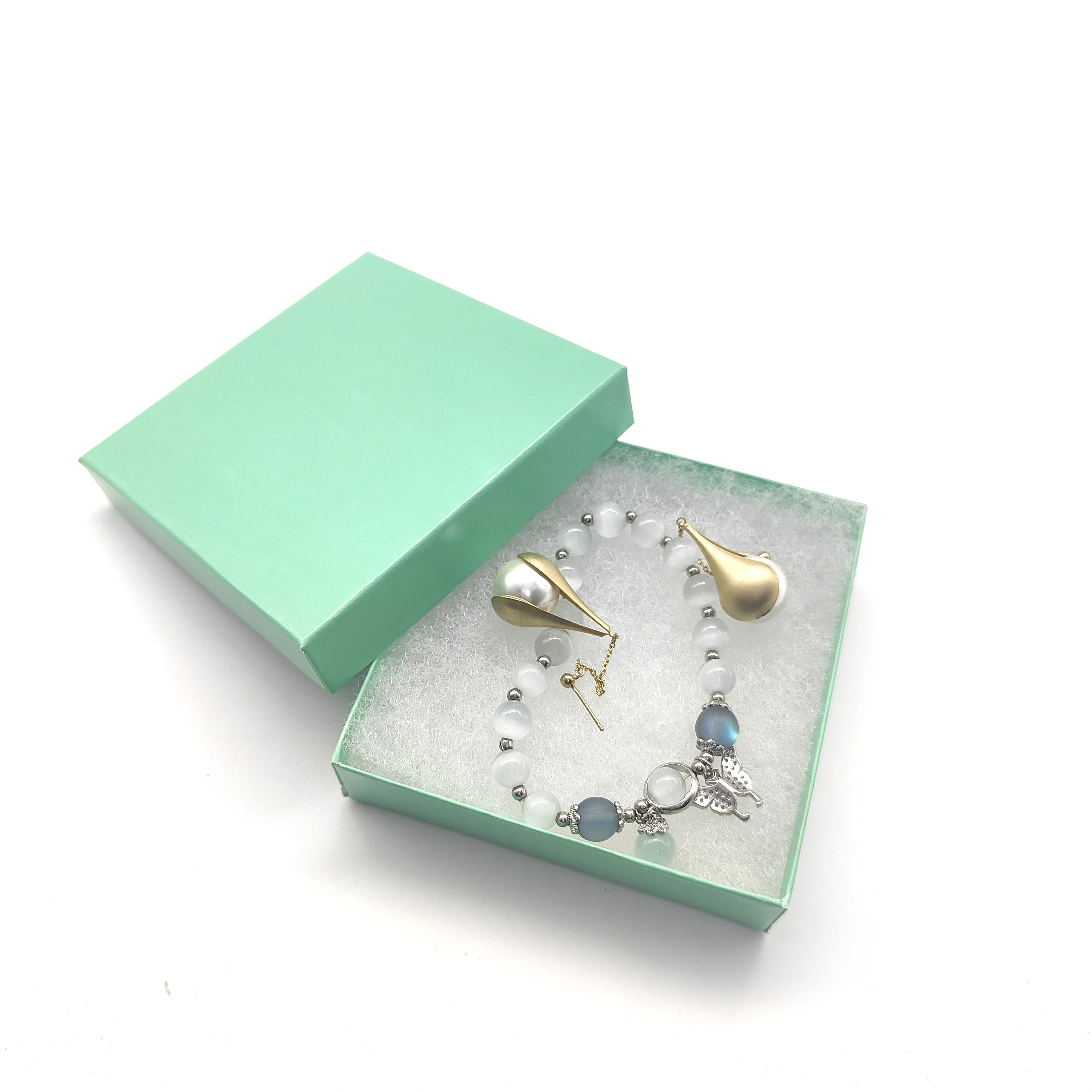 L #33 Wholesale Customized Teal Blue Gift Box And Paper Packaging Glossy Lamination Ring Box For Necklace Bracelet