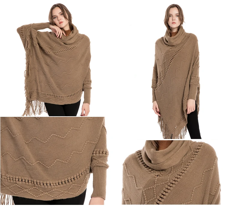 
Winter fashion warm 100% acrylic turtleneck poncho sweater with sleeves irregular fluffy knit long sleeve shawl 
