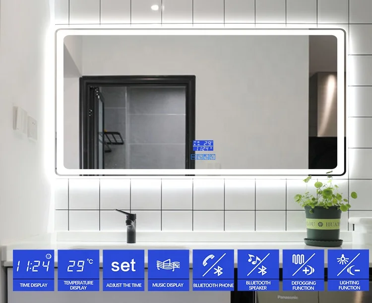 Hot sale hotel intelligent frameless illuminated bathroom mirror with led light