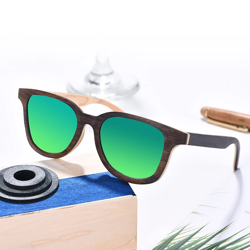 BOBO BIRD Custom Tea-Colored Wood Frames Unisex Retro Fashion Sunglasses with Plastic Lenses for Men and Women CE Certified