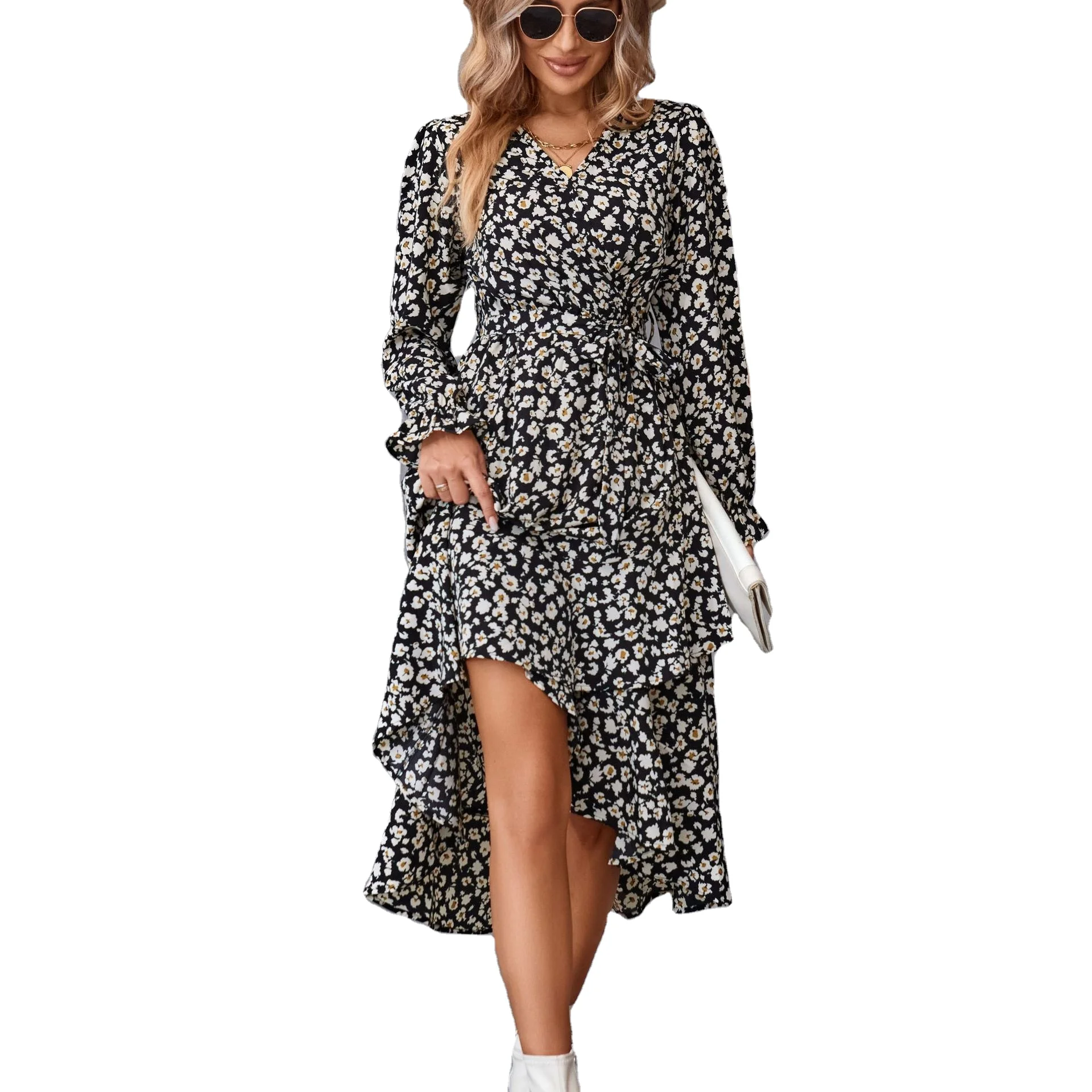 2023 wholesale V neck wrap vintage beach fall spring chiffon long sleeve boho bohemian casual Floral print Midi Dresses for wome