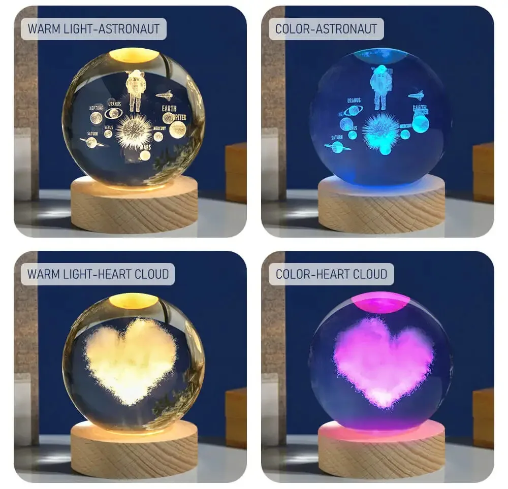 Wholesale Custom Wooden Base 3D Art Luminous Crystal Ball Decoration Solar System Led Night Lights Desktop Home Decor