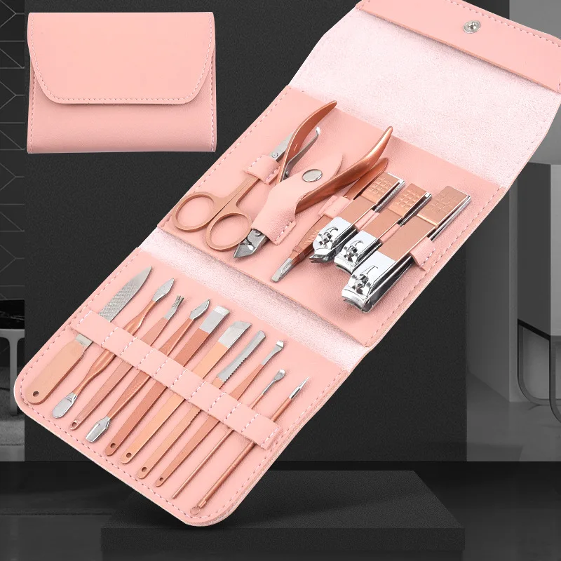 16PCS Rose Gold Professional Stainless Steel Nail Care Kit Manicure Grooming Set with Travel Case Private Label