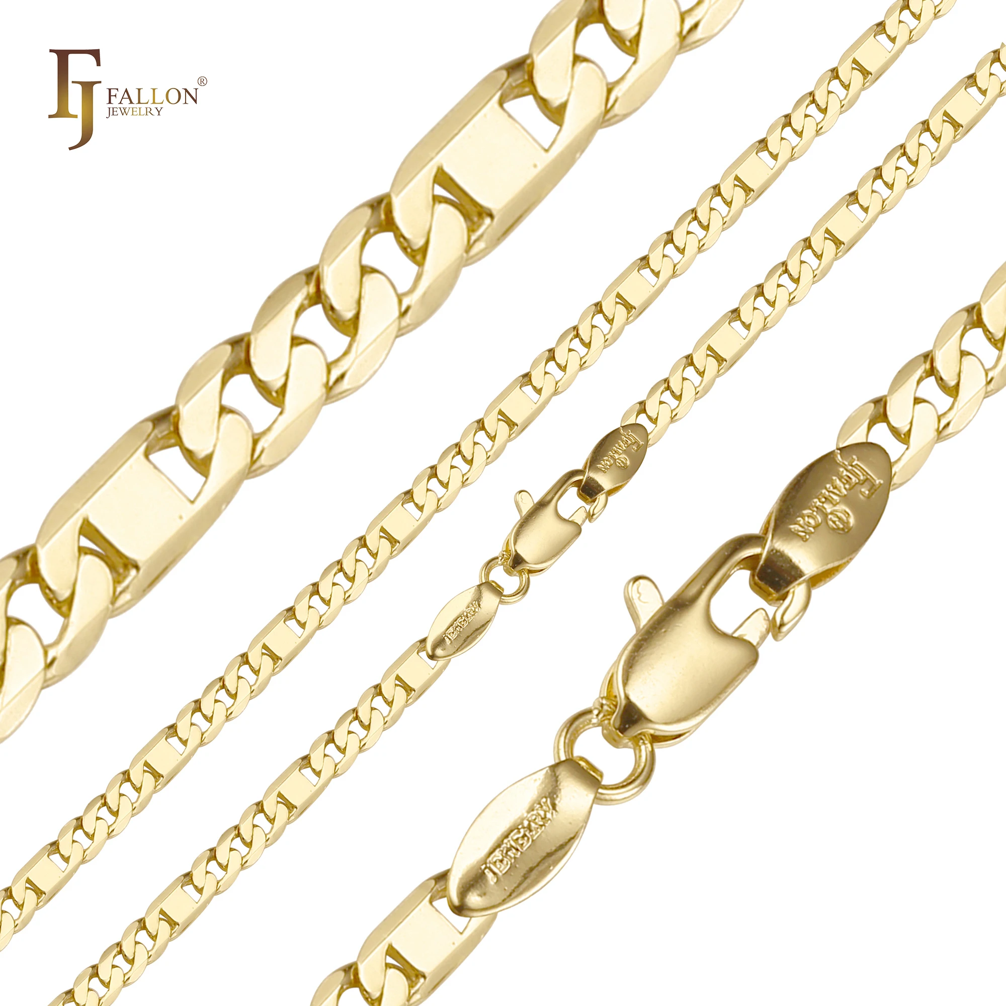 54100093 FJ Fallon Fashion Jewelry Figaro Link Mixed Mirror Link Chains Plated In 14K Gold Brass Based