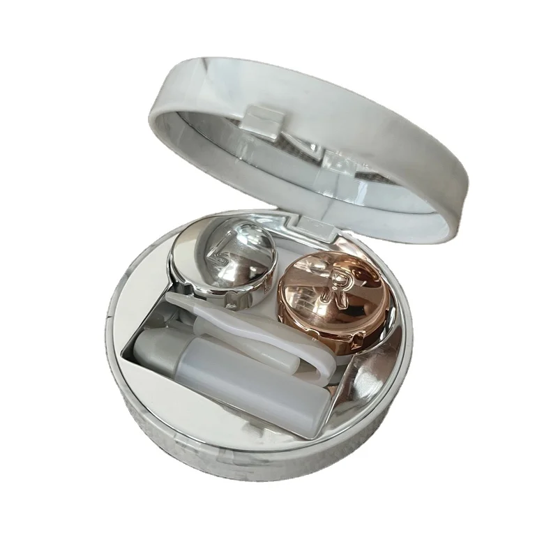 Round Fashion Marble Contact Lens Case, Portable Contact Lens Box Kit with Mirror