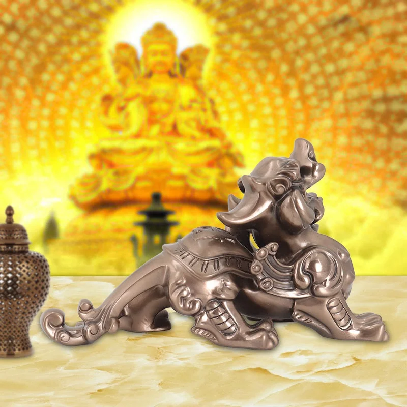 Bulk Sales Chinese Feng Shui Religious Crafts Lucky Mascot Resin Cast Copper Creative Design Pixiu Statue for Office Home Decor