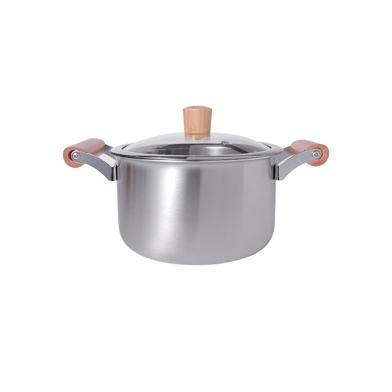 Customized 3 ply stainless steel wooden handle heat proof glass lid saucepan sets cooking ware casserole