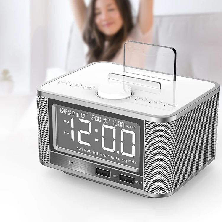 
Wireless BT Alarm Clock Stereo Sound for Bedroom hotel USB Charging week time Led Display phone stand holder hands free call 