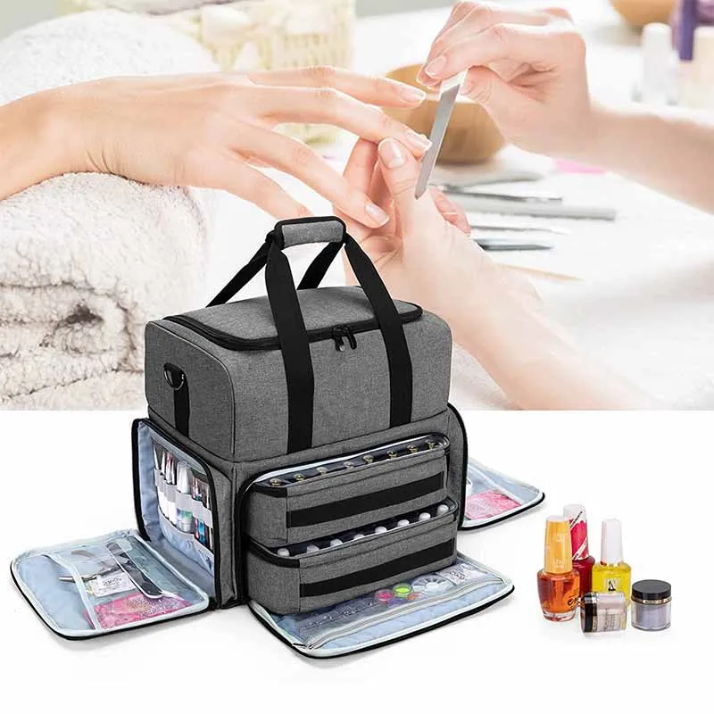 Yaeshii  Heavy Duty Adjustable Dividers Tote Nail Lamp Carrying Case Nail Polish Bag With 2 Removable Pouches