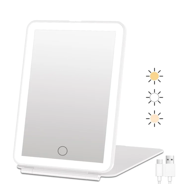 Vanity Mirror Folding Travel Lighted Makeup Mirror with 3 Colors Light Modes USB Portable in Touch Screen Makeup Mirror