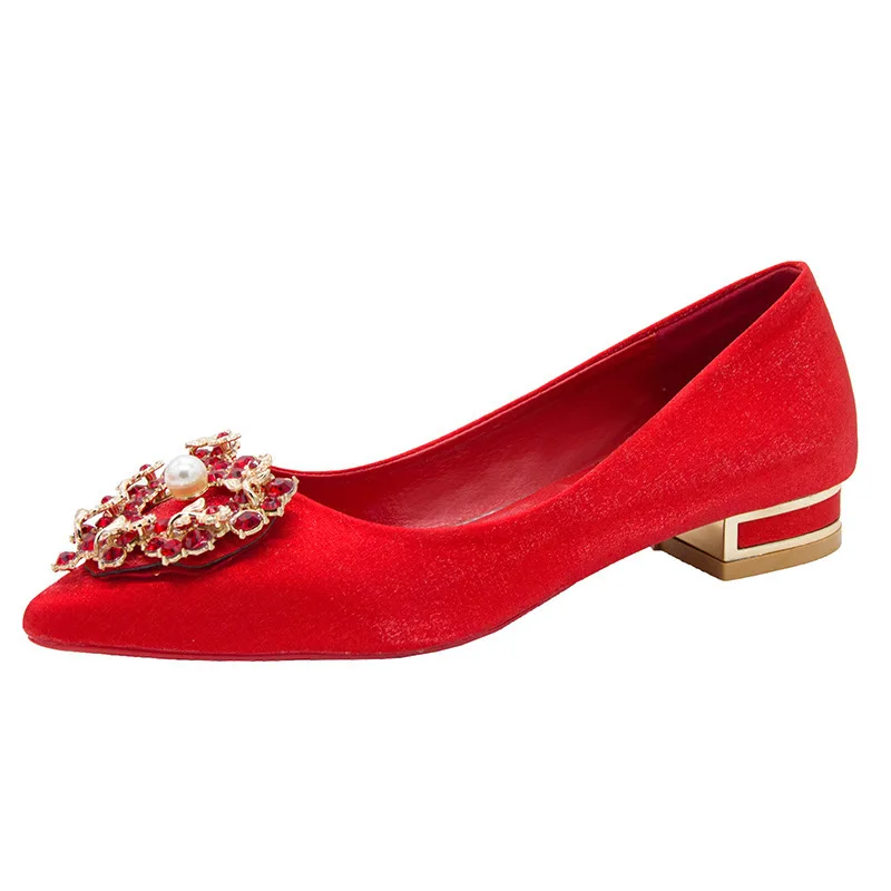 2023 new Handmade  ladies button flat bridal shoes buckle bride heels low thick heeled rhinestone wedding shoes for women