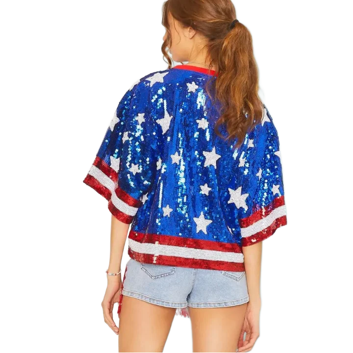 WINGTU Custom Half Sleeve Round Neck T Shirts USA Independence Day July 4th Star Pattern Sequin Shirt For Women