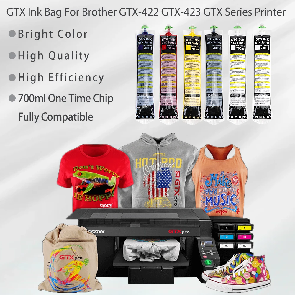 700ml Digital To Garment DTG Ink Bag With Chip GTX-600 400 422 423 424 425 Pro B Bulk Printer GTX Ink Chips For Brother GTX