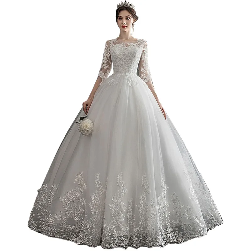 
New shoulder lace wedding dress long tail wedding dress large size wholesale wedding dress 