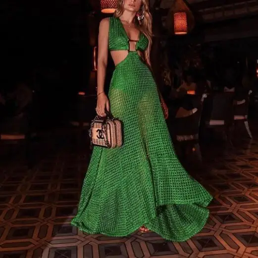 Women 2021 Plus Size 3XL Grid Swing Dress Sexy Fishnet Low Neck Halter Twist Bandage Cut-out Waist Back Zip Long Dress Clubwear