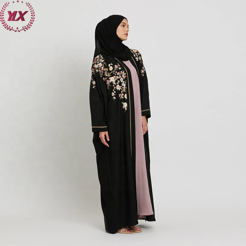 Women Dubai Muslim Dress New Turkey Dresses 2023 Summer Black Floral Embroidered Open Modest Abaya Islamic Clothing Women