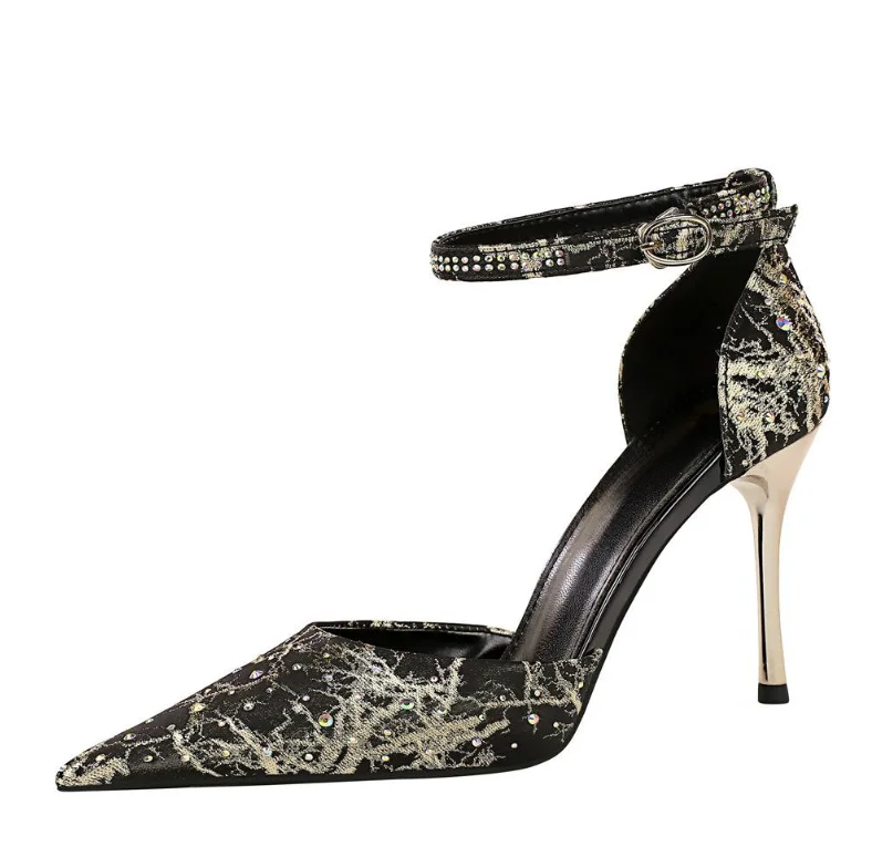 Womens Ankle Strap Shoes Glitter Wedding High Heel Pointy Toe Party Pump Sandals Femme Classic Wedding Designer Pointed Toe Pump