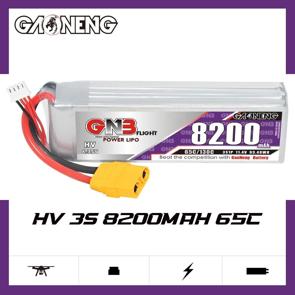 GNB GAONENG LiHV 8200mAh 3S 11.4V 65C 130C XT90 RC LiPo Battery RC Car Drone Airplane MultiCopter Boat Off Load on Load