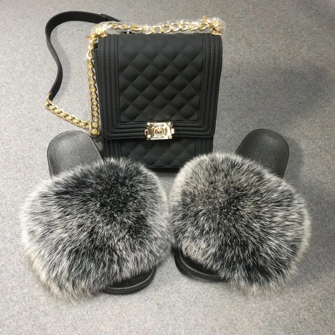 Factory wholesale pvc slides colorful jelly purses matching real fur slides for women