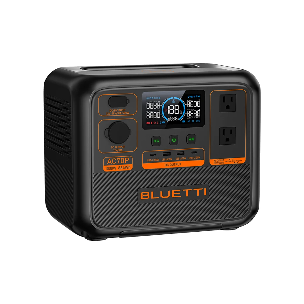 Bluetti AC70P Off Grid Solar Generator Portable Lithium Battery Generator 1000W 864Wh Power Bank