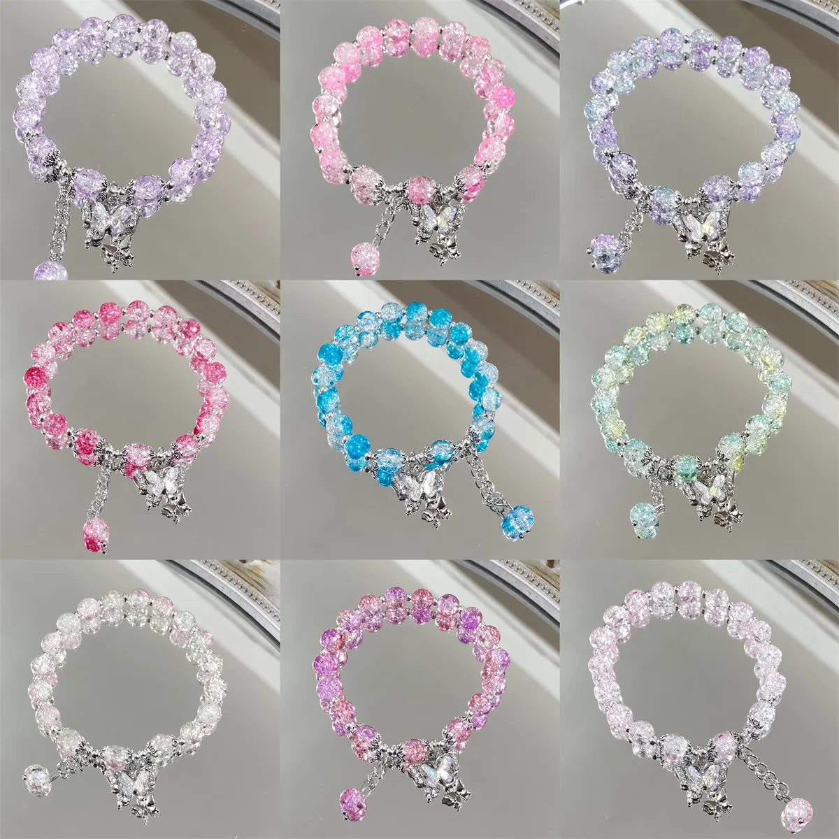 Wholesale Colourful Glass Bead Bracelet For Women Gradient Crystal Fashion Butterfly Adjustable Couple Gift Jewelry Bangles Girl