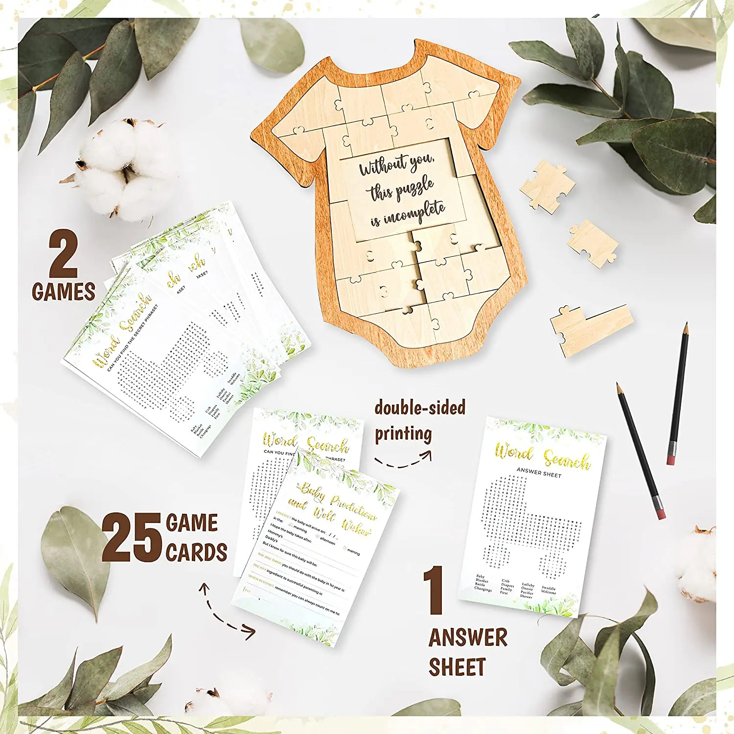 Wooden  Baby Shower Guest Book Alternatives Onesie Frame & 25 Prediction Game Cards