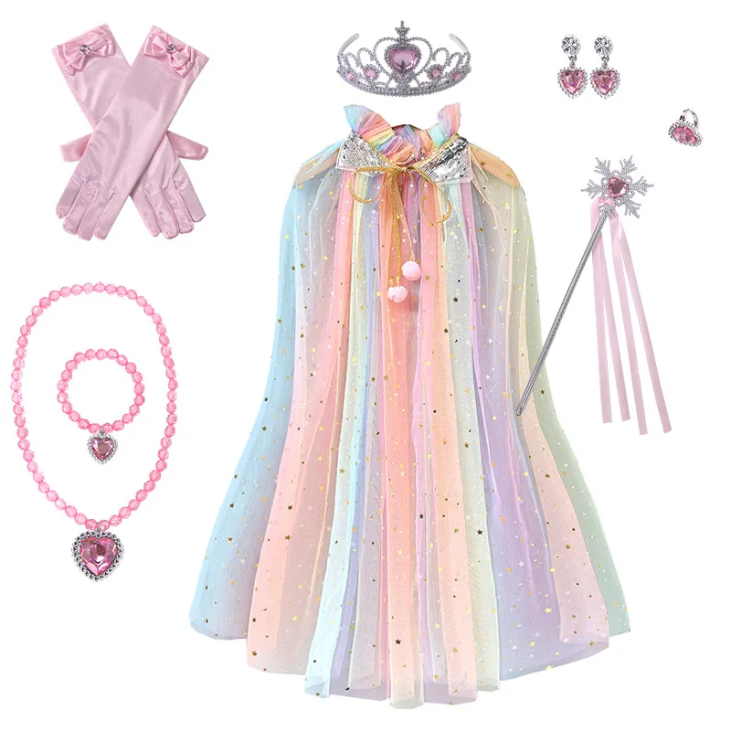 Hot sale kids girl tulle cape with crown magic wand accessories set children Halloween sequined fancy cloak