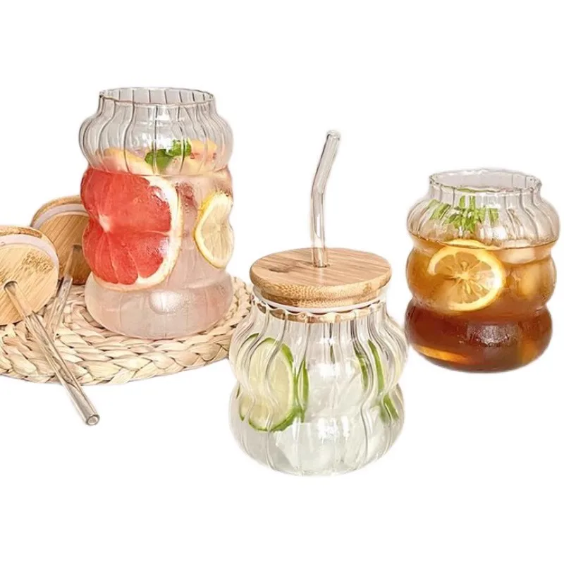 Large capacity Glass bottle with straw Bamboo wood cover hole glass high quality ice latte juice cup
