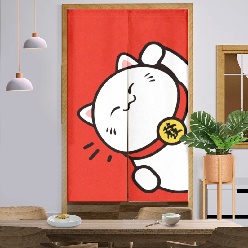 Lucky Cat Noren Japanese Curtain Entrance Feng Shui Door Curtain Kitchen Animal Family Printed Knitted Spring Cotton Linen 50pcs