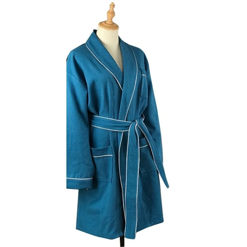 Stylish breathable and absorbent 100% cotton robes knit lightweight pool spa waffle shawl bathrobe