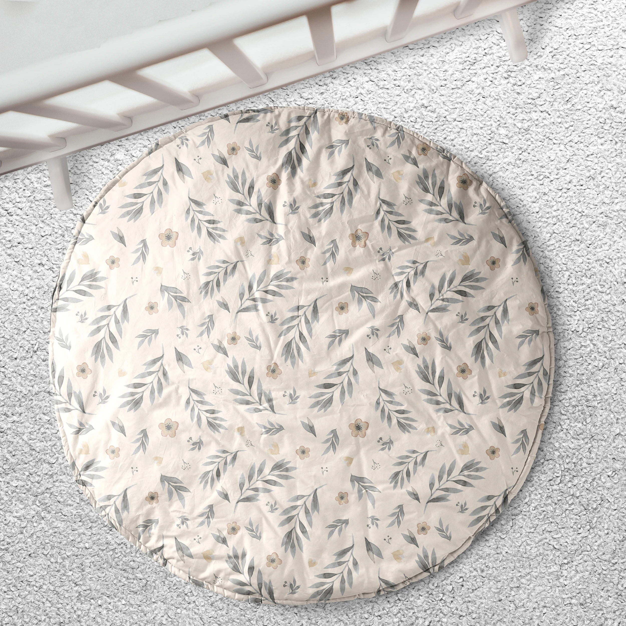 2023 new arrival OEM leaves pattern toddler nursery rug custom print linen fabric kid play mat for baby child