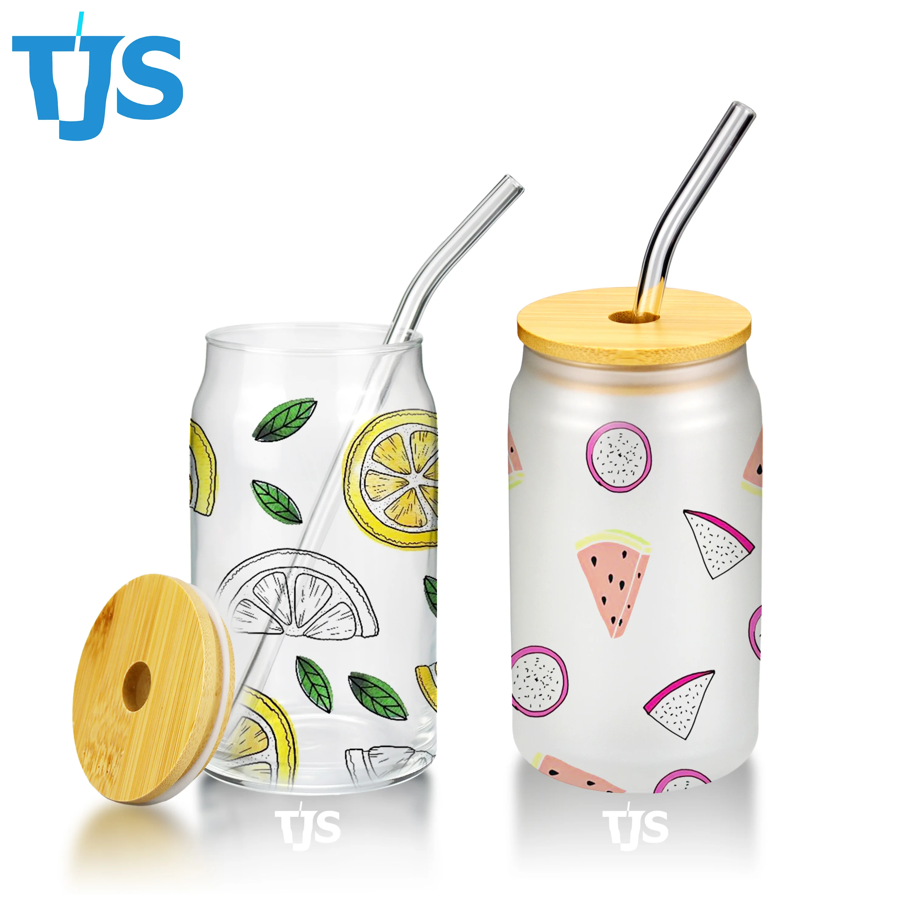 TJS 12oz 16oz Sublimation Glass Beer Mug Clear Glass Frosted Glass Can Coffee Mug With Bamboo Lid and Straw