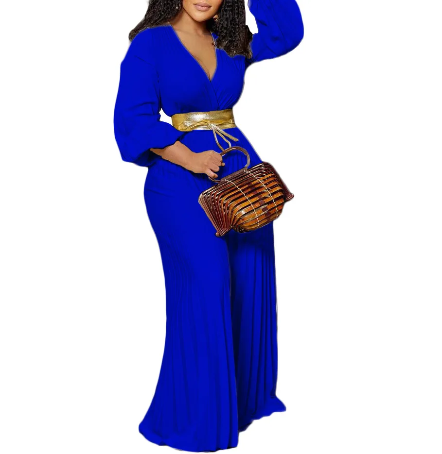 New V-neck blue temperament bow sexy pleated one-piece slim-fit party dress