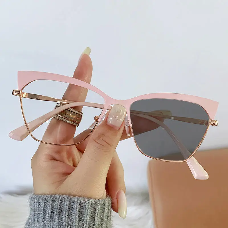 Red Cat Eye Photochromic Anti Blue Light Wholesale Manufactures Eyewear  9037 Metal Photochromic Blue Light Glasses Lens