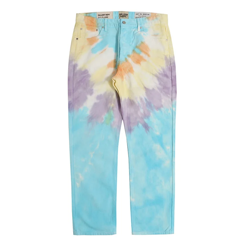 Custom high street baggy denim  loose multicolor tie dye jeans men denim jeans wide leg  jeans for men