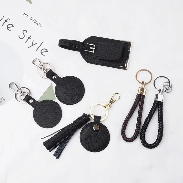 Black Saffiano Leather Circle Round Shape Keyring, Personalised Rose Gold Keychain With Tassel