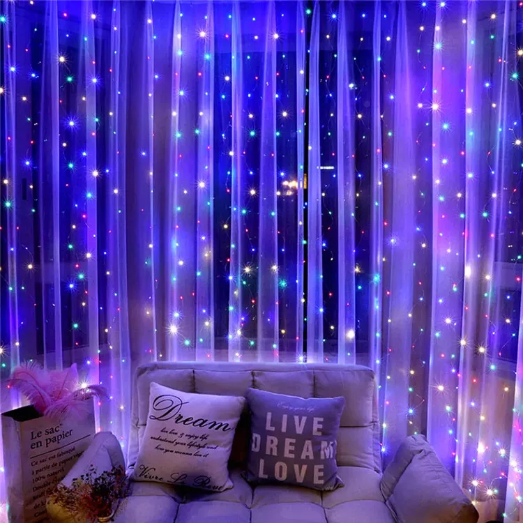 Romantic Copper Curtain String Light Christmas Party Decor Fairy Garland Remote Control LED Bedroom Curtain Lights