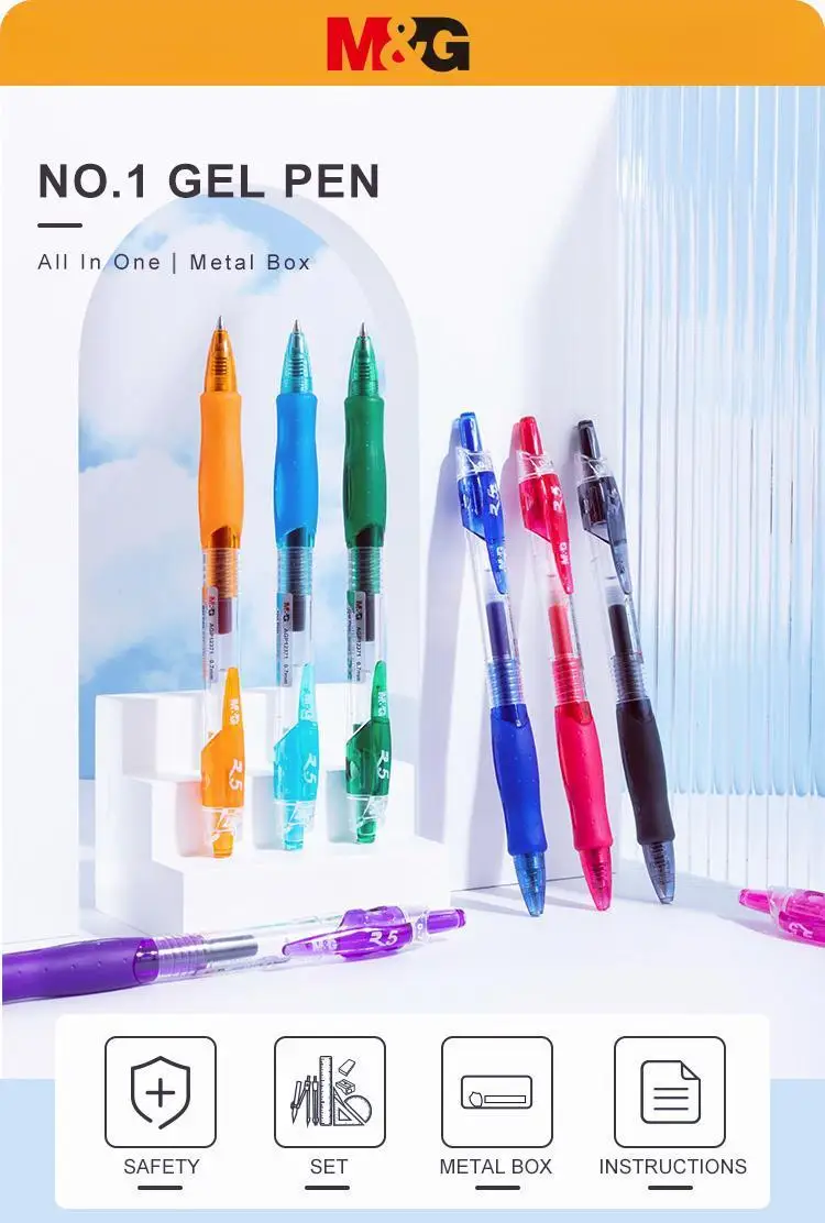 M&G Stationery R5 Wholesale Custom Colored Retractable Gel Ink Pens Multi-Color 0.7mm Writing Width Blue Pink Red Purple Orange