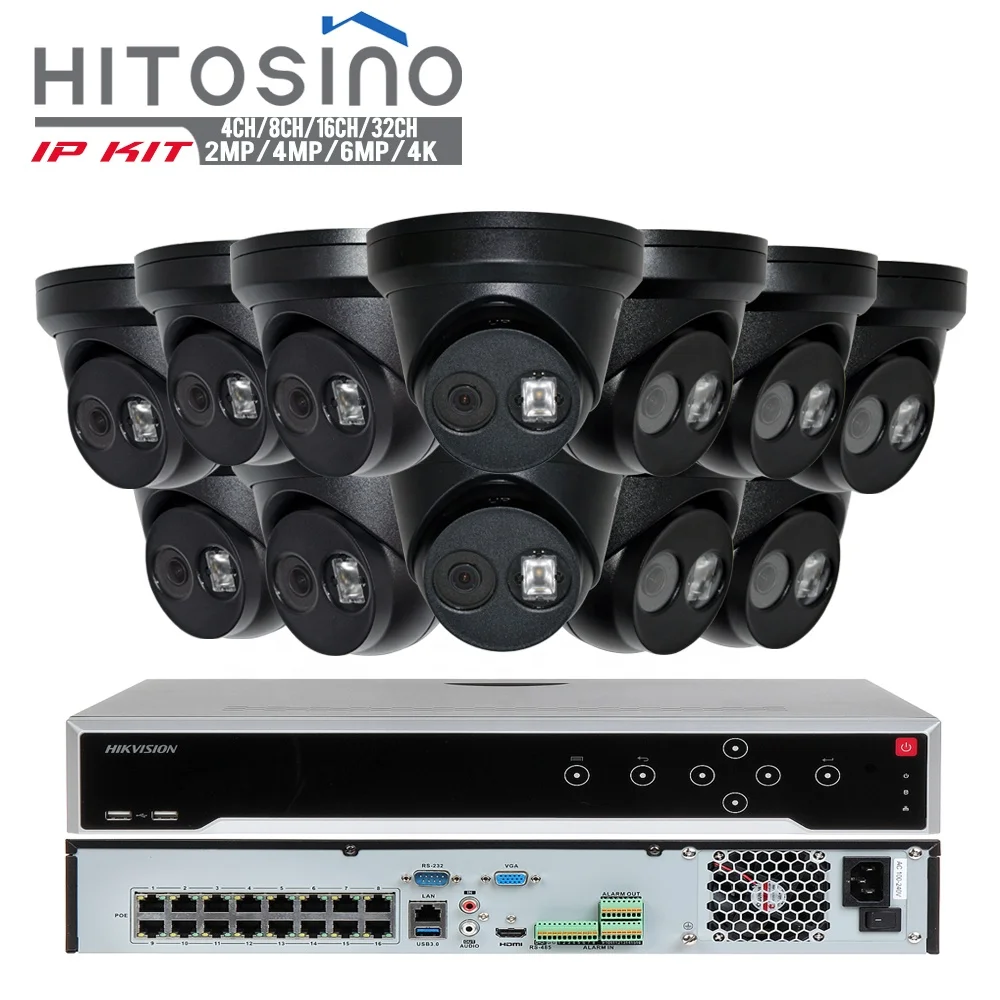 Hitosino Hik  OEM 8 Mic Audio Turret Outdoor PoE Home 4K 4MP Black Surveillance IP Security Set CCTV Camera NVR Kit System