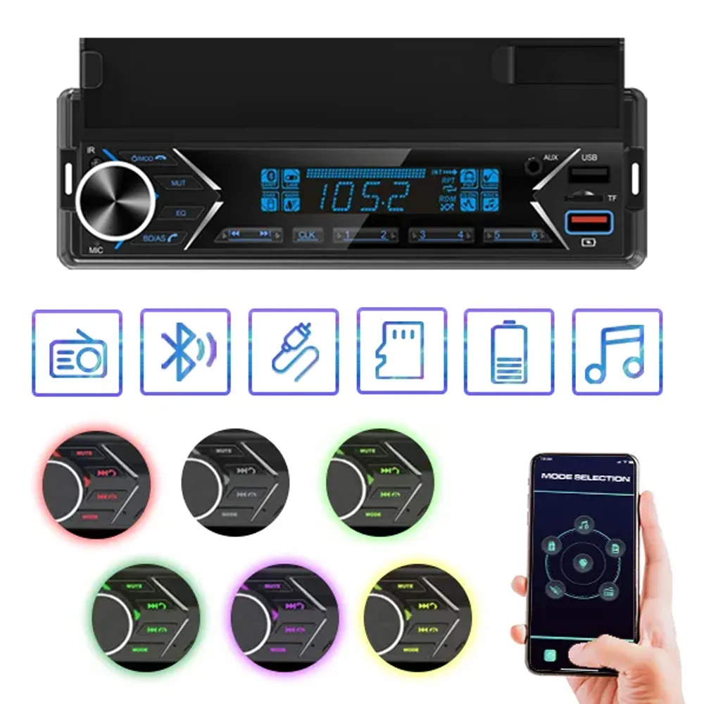 New Style 12V Universal Car MP3 Player Single Din FM Radio With Phone Holder Colorful Lights Double USB BT TF AUX Music Player