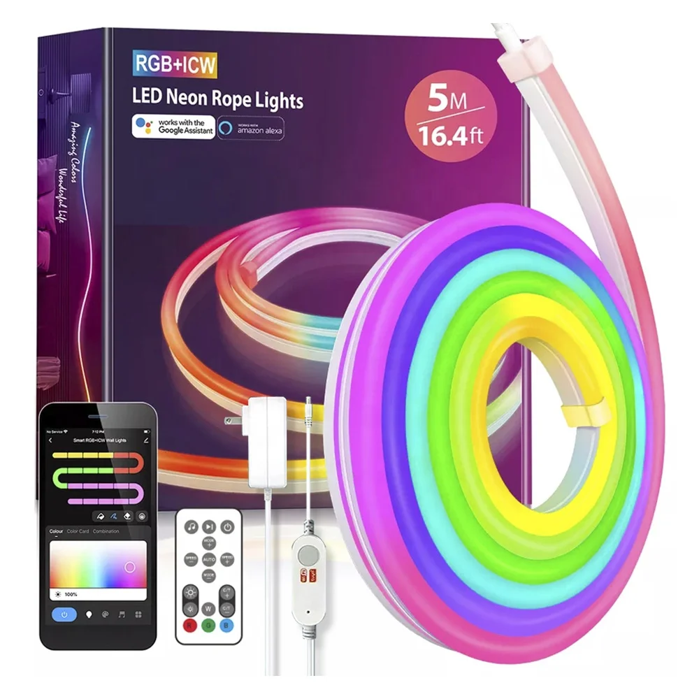 16.4ft 5m RGB IC IP67 Color Changing Tuya Smart Wifi App Google Alexa Voice 16 Keys Control Flexible LED Neon Rope Strip Lights